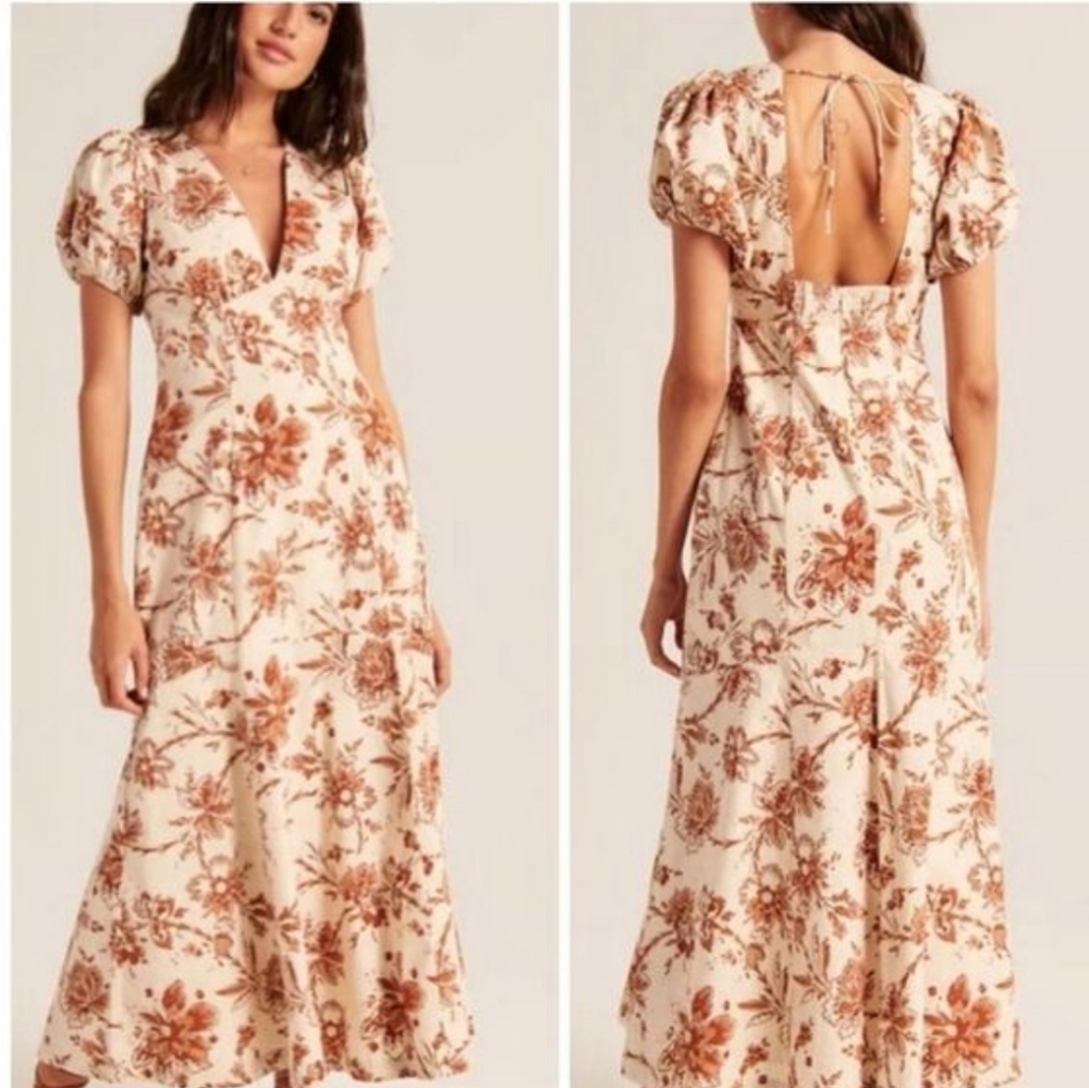 Abercrombie & Fitch Puff Sleeve Slim Poplin Cotton Midi Dress Cream Brown Floral